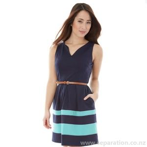 IZ BYER  STRIPED PONTE DRESS - NAVY/MINT - SZ 13